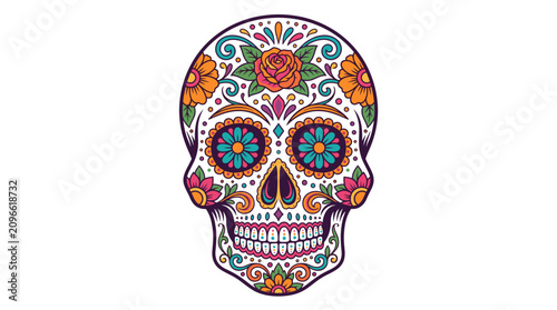 Colorful sugar skull with floral patterns and vibrant decorations. Day of the Dead calavera illustration for festive designs and cultural projects.