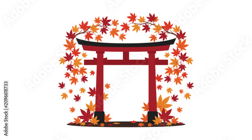 Japanese Torii gate with falling autumn maple leaves. Traditional Shinto shrine entrance in vibrant red foliage season