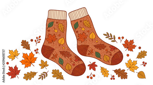Cozy autumn wool socks with leaf patterns. Warm knitted footwear for fall season and holiday themes.