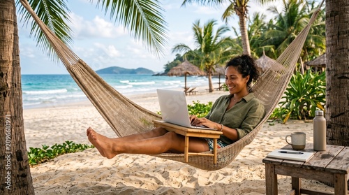 Woman working on laptop in hammock on tropical beach paradise with ocean view and palm trees