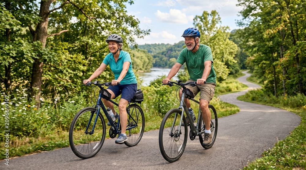 Fototapeta premium Happy senior couple cycling together on a scenic paved trail beside a river surrounded by lush green trees and foliage on a sunny day