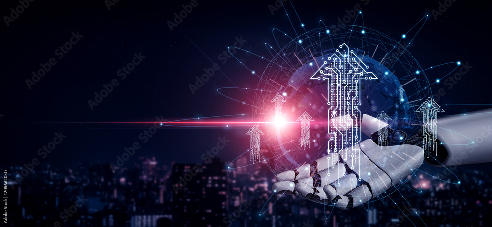 Fototapeta premium Futuristic Technology Hands Creating Digital Growth Connections with Global Network and Data Visualization Elements in a Night Cityscape. Glyphic.