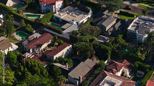 Drone Shot of Luxury Homes in Beverly Hills The Flats Neighborhood, Los Angeles, California USA