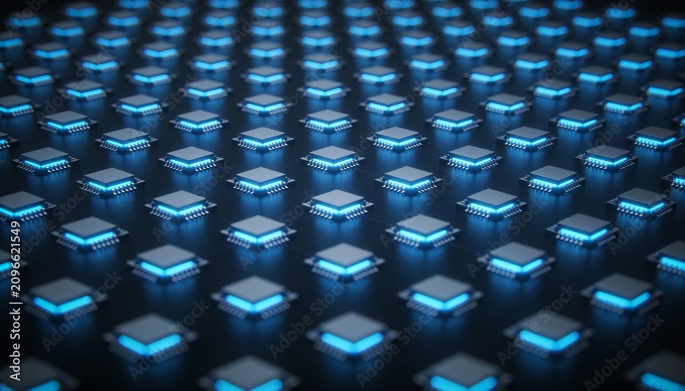 Fototapeta premium Grid of Small Glowing Computer Chips Fading into Soft Focus, Futuristic Semiconductor Technology Background with Blue Gradient, Advanced Electronics, Artificial Intelligence Hardware and Minimal Compo