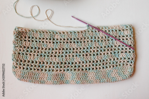 Quadro su tela Crochet mesh fabric in progress with crochet hook