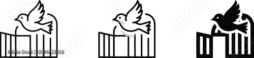 Minimalist Vector Icon Set Featuring a Bird, Often a Dove, Taking Flight from an Open Birdcage, Symbolizing Freedom, Liberation, and New Beginnings