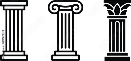 Classical Architectural Columns Icon Set Illustrating Doric Ionic and Corinthian Orders Symbolizing History Strength and Structure in Vector Outline Design