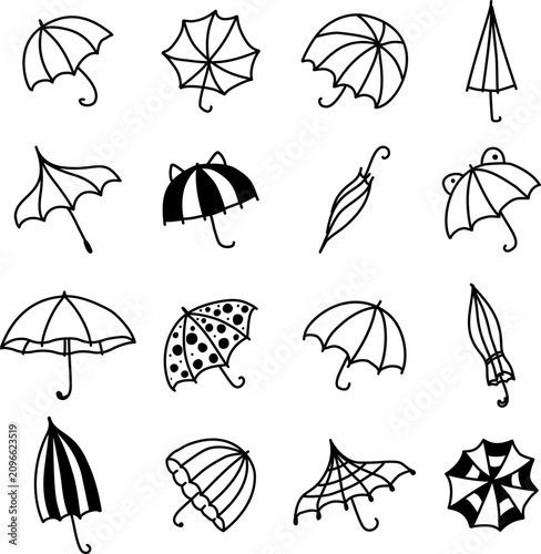 Umbrella set. Doodle element. Funny vector isolated hand drawn collection for rain weather protect accessory cartoon style bundle 