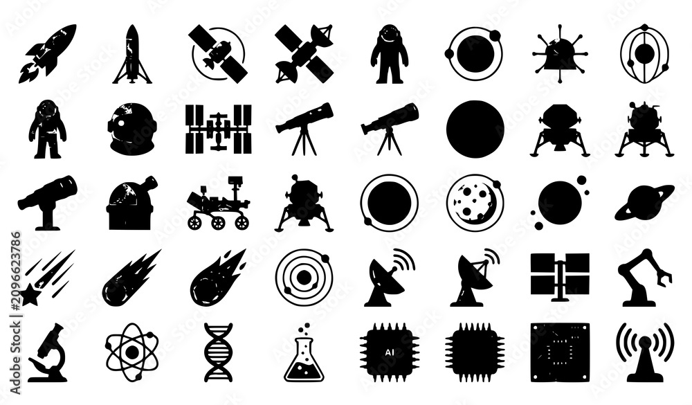 Obraz premium Space and technology flat icon set with rockets satellites telescopes scientific instruments and astronomy symbols isolated on white background