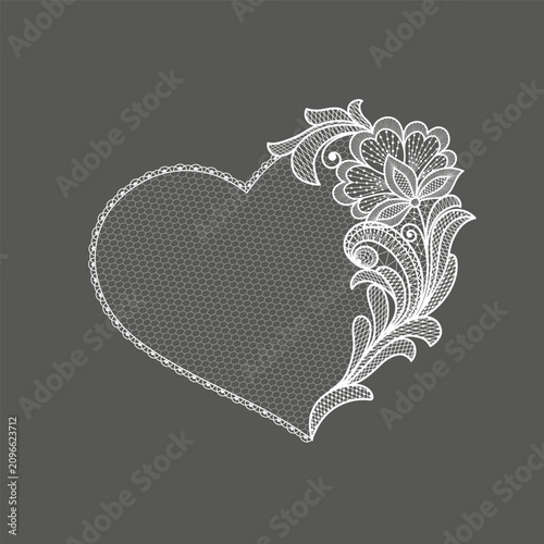 Heart with lace flowers. Hand made vector lace decorative element for invitation, Valentines day cart