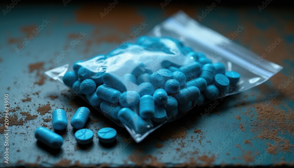Fototapeta premium Small blue pills are in plastic baggie on dirty counter. Some pills are scattered on surface near bag. The scene suggests illicit drug use or distribution.
