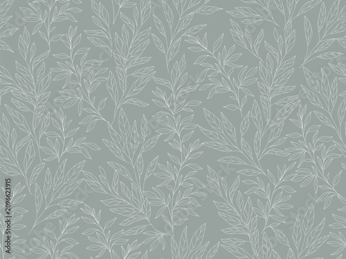 Seamless grey floral background of leaves. Botanical clip art. Leaves branches sketch. Vector  Line drawn leaves .Vector  floral grey and white decor.