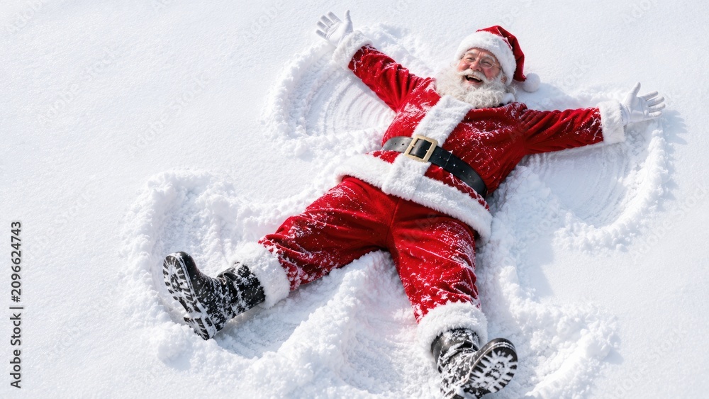 Obraz premium Happy Santa Claus Making Snow Angel in Fresh Winter Snow