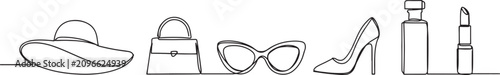 Women accessories drawn with continuous line in minimalism, abstract style, hat, bag, sunglasses, stiletto heeled shoes, perfume, lipstick, copy space. one line art icon drawing