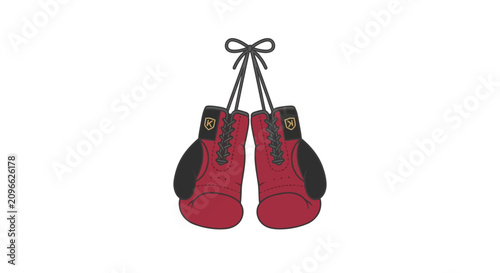 Pair of professional boxing gloves illustration hanging by laces isolated on a clean white background for sports and combat training concepts
