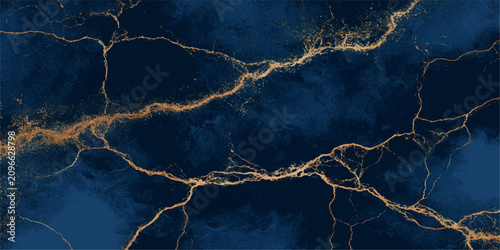 Foto Abstract navy blue marble with intricate golden veins, resembling a celestial map or a kintsugi art piece, creating a luxurious and sophisticated background