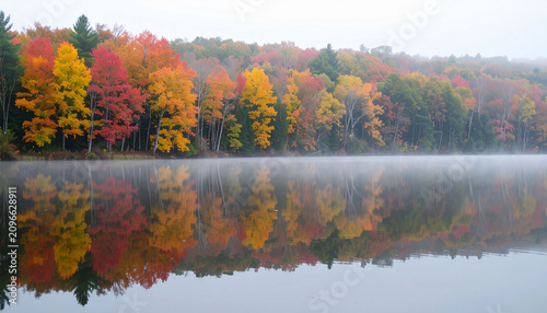 紅葉した森と霧が立ち込める静かな湖畔の風景　湖面に木々が鏡のように映り込む美しい秋の自然の絶景写真　ポスターやWeb広告の背景として活用できる落ち着いた雰囲気の風景素材