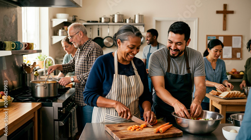 Church volunteers preparing a meal in a community kitchen. Diverse group of people cooking food for charity