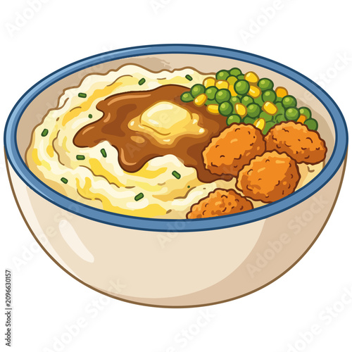 Mashed Potatoes Gravy Nuggets Peas Corn Bowl Illustration