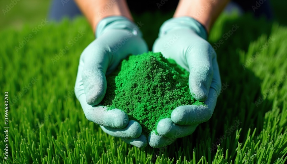 Obraz premium Worker hands in gloves hold pile of green rubber granules for artificial grass surface. Maintenance expert checks infill material quality for lawn installation. Pro landscaping technician works on