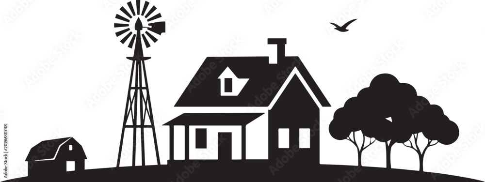 Fototapeta premium A bold, black silhouette showcases a farmhouse scene. black icon silhouette vector