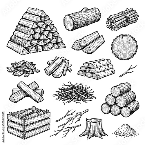 Hand drawn black ink sketch of firewood stack, logs, and woodpile elements, isolated on white background