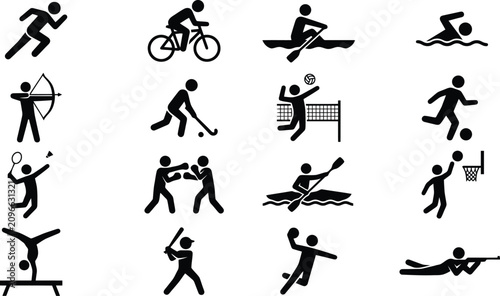 Sport icons set featuring various athletic activities and human silhouettes isolated on transparent background