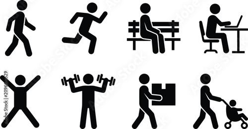 Stick figure icons set depicting various daily human activities and social behaviors isolated on transparent background