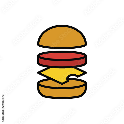 Quadro su tela Exploded view cartoon hamburger icon with bun, tomato, and cheese slice