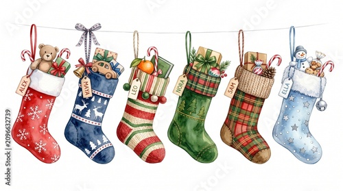 Watercolor Christmas stockings filled with gifts, toys, and festive treats, hanging on a string. Festive holiday interior decor for greeting cards, winter celebrations, and merry gift-giving design pr