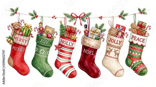 Watercolor Christmas stockings filled with gifts, toys, and festive treats, hanging on a string. Festive holiday interior decor for greeting cards, winter celebrations, and merry gift-giving design pr