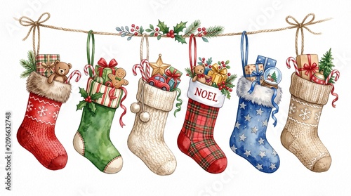 Watercolor Christmas stockings filled with gifts, toys, and festive treats, hanging on a string. Festive holiday interior decor for greeting cards, winter celebrations, and merry gift-giving design pr