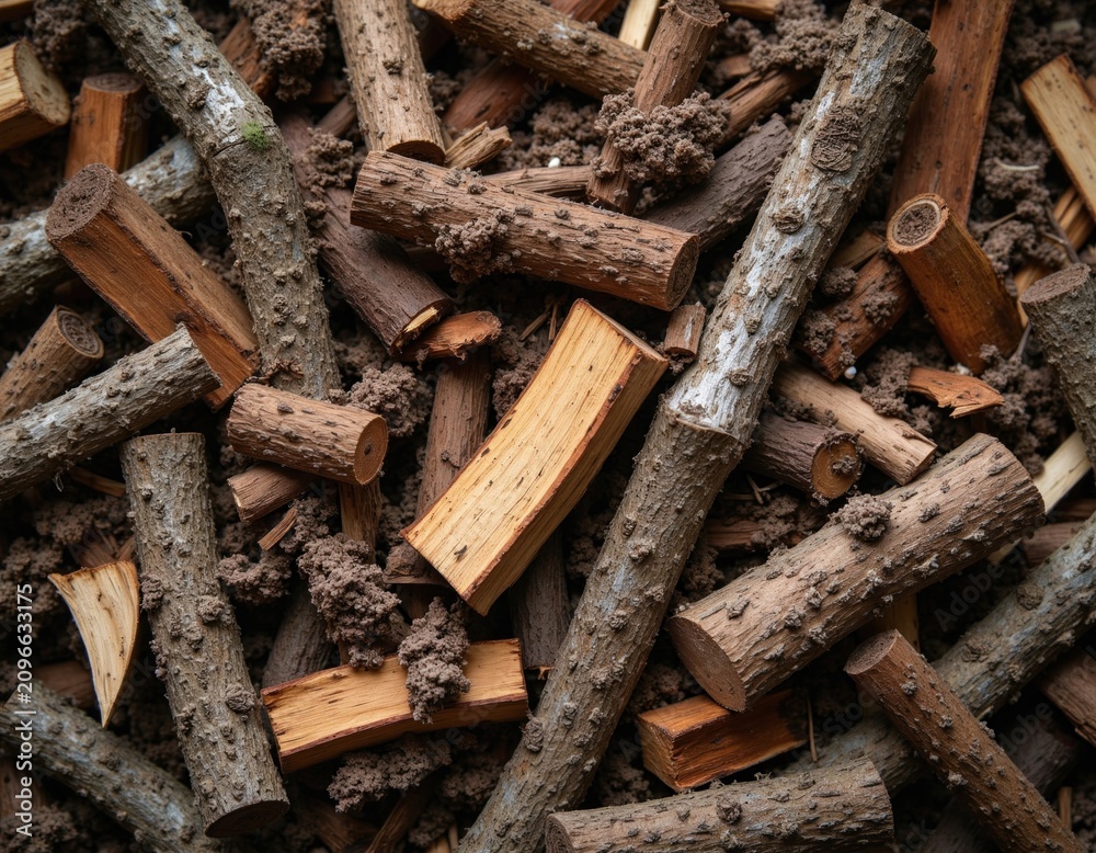 Fototapeta premium Top view of brown wood chips mixed with soil earth for gardening. Dry small tree branches, pieces of timber mulch provide organic fertilizer. Sustainable agriculture material for plant growth in