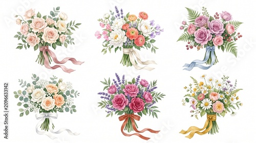 Lush arrangements of roses, lavender, and peonies for wedding invitations, anniversary cards, and romantic spring decor. floral bouquet, watercolor bouquet, wedding flowers, ribbon, floral arrangement