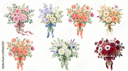Watercolor floral bouquet collection with colorful ribbons. Elegant flowers like peonies, roses, and wildflowers perfect for wedding invitations, anniversary cards, and romantic spring decor. floral b