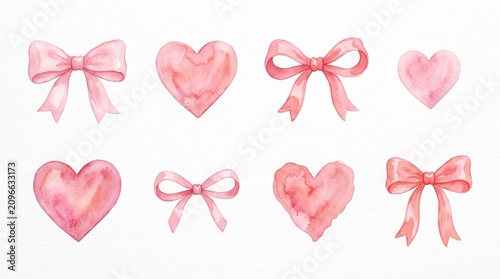 Pink ribbons, bows, and hearts. Romantic decorative elements for Valentine's Day cards, gift wrapping, baby shower, and wedding invitation design. pink bow, ribbon, heart, valentine, gift, wedding, ro