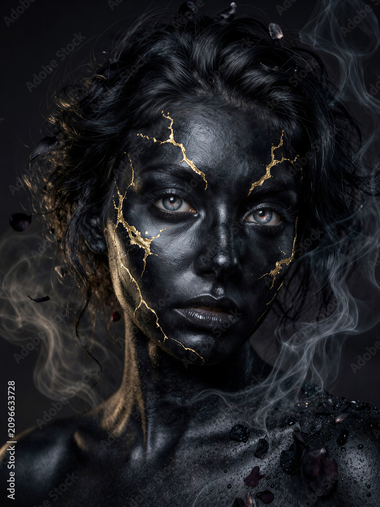 Obraz premium detailed portrait of a woman with obsidian skin and cracks of glowing molten gold spreading across her face like living veins, galaxy color eyes.