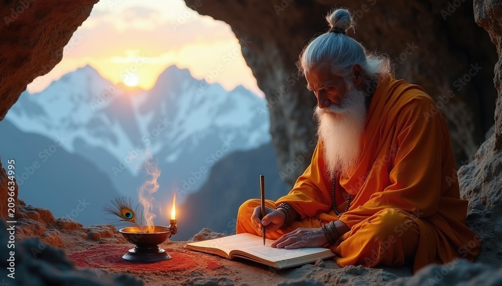 Obraz premium Elderly bearded sadhu monk wearing orange robes writes in ancient book inside Himalayan cave. Spiritual hindu sage meditates near burning candle at sunrise. Himalayan mountains landscape view