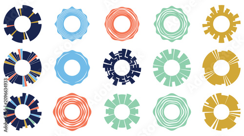 Abstract circular radial colorful graphic elements.