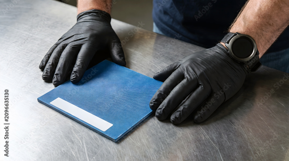 Fototapeta premium Hands in black gloves place blue folder on stainless steel table in laboratory setting