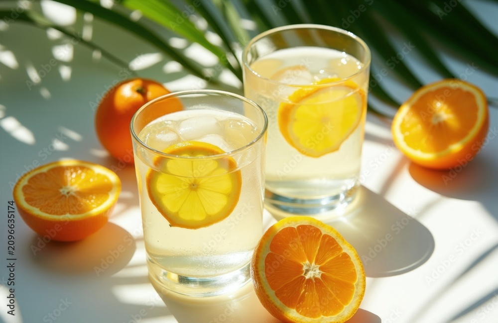 Fototapeta premium Two glasses of cold citrus water with ice, orange slices sit on bright sunlit table. Whole, halved oranges surround drinks, with palm leaves casting shadows creating refreshing summer atmosphere.