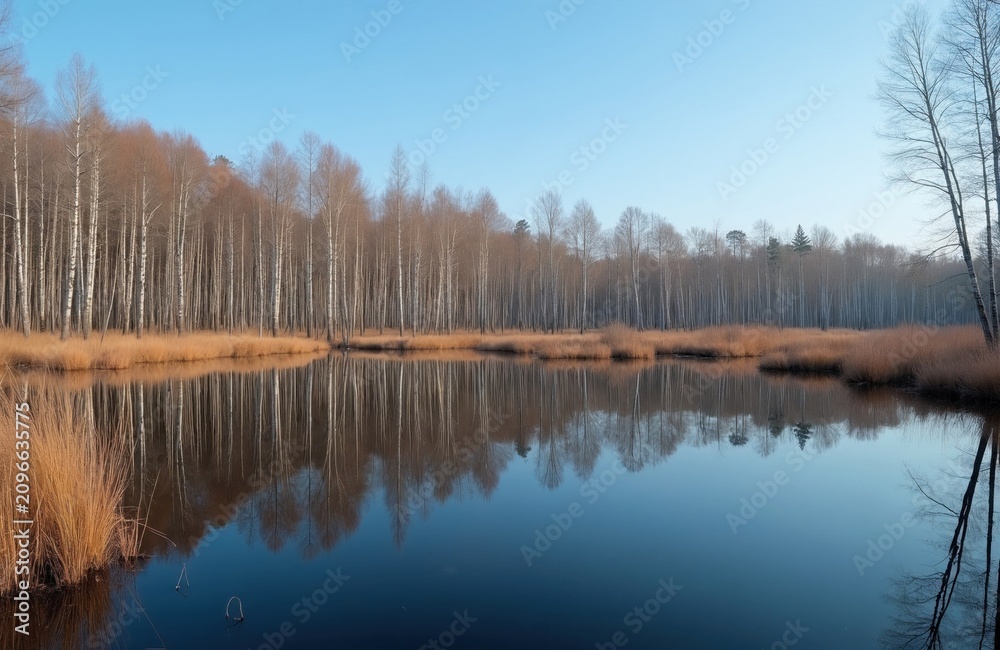 Obraz premium Flooded forest landscape at spring season in Soomaa. Tall birch trees stand in high water with clear mirror reflection on calm lake surface. Blue sky bright sunlight clear view over grassy meadow bog