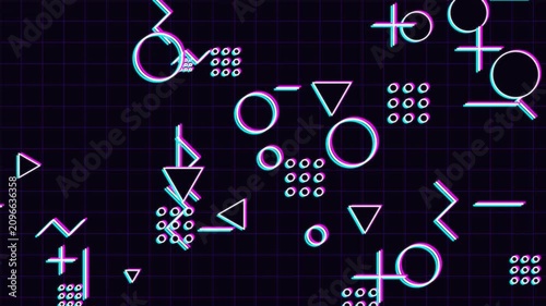 Abstract memphis style animation with grid background, retro glitch effect video, 80s 90s fashion style clip.