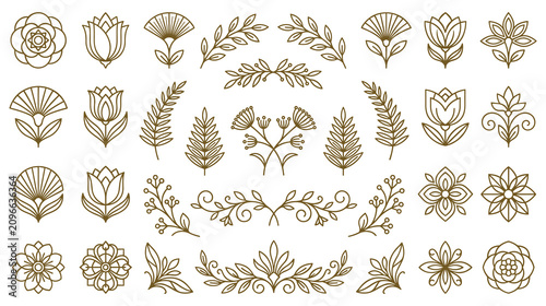 Elegant floral elements and decorative botanical icons.