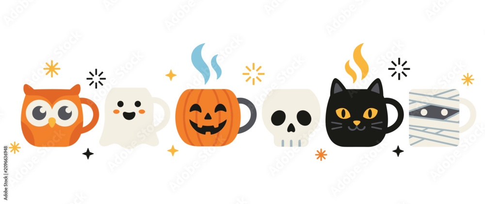 Fototapeta premium Cute cartoon halloween themed ceramic mug collection set.