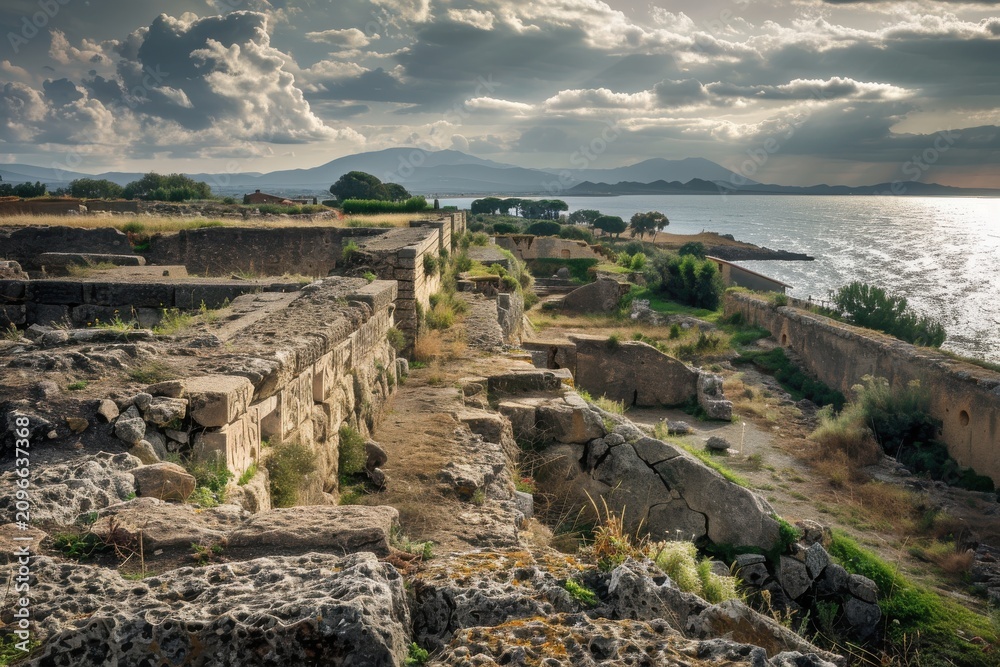 Fototapeta premium Populonia ancient Etruscan ruins coastal view Tuscany Italy historical archaeology Mediterranean site