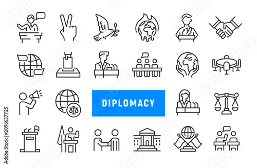 Billede på lærred Diplomacy icons set with peace, negotiation, handshake, podium, globe, justice and embassy symbols