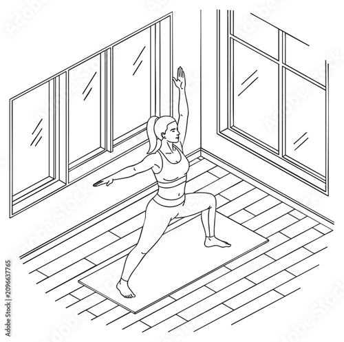Graceful woman practicing yoga indoors by large bright windows with natural sunlight, concept for wellness mindfulness and relaxation, ideal for fitness apps, meditation guides, and healthy lifestyle