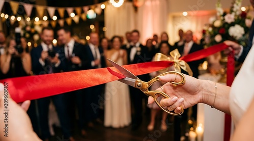 Elegant Grand Opening Ceremony with Scissors Cutting Red Ribbon Amid Formal Attendees