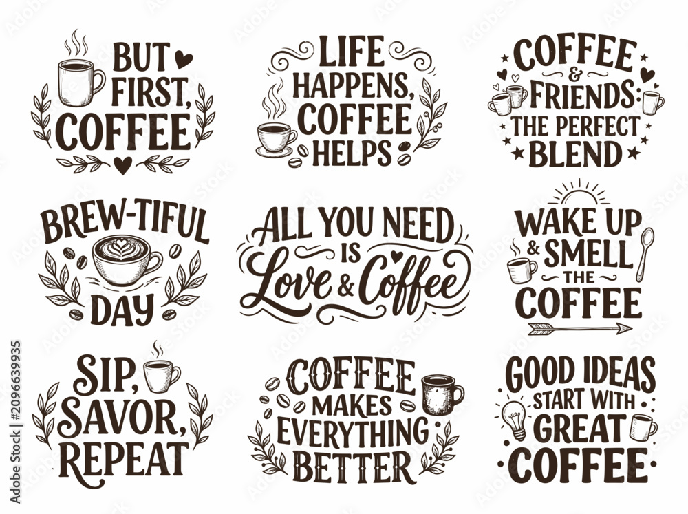 Fototapeta premium Set of coffee quotes and slogans